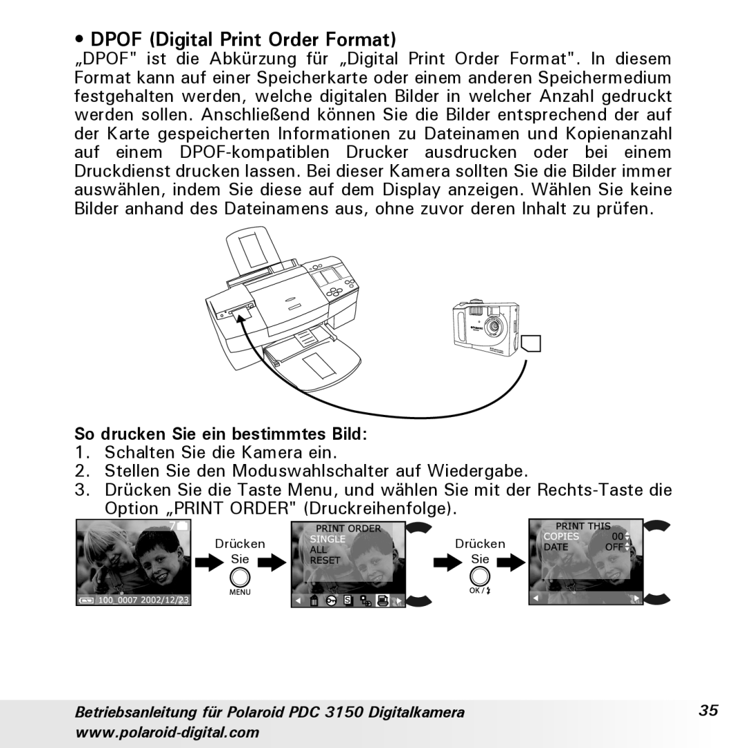 Polaroid PDC 3150 manual Dpof Digital Print Order Format, So drucken Sie ein bestimmtes Bild 