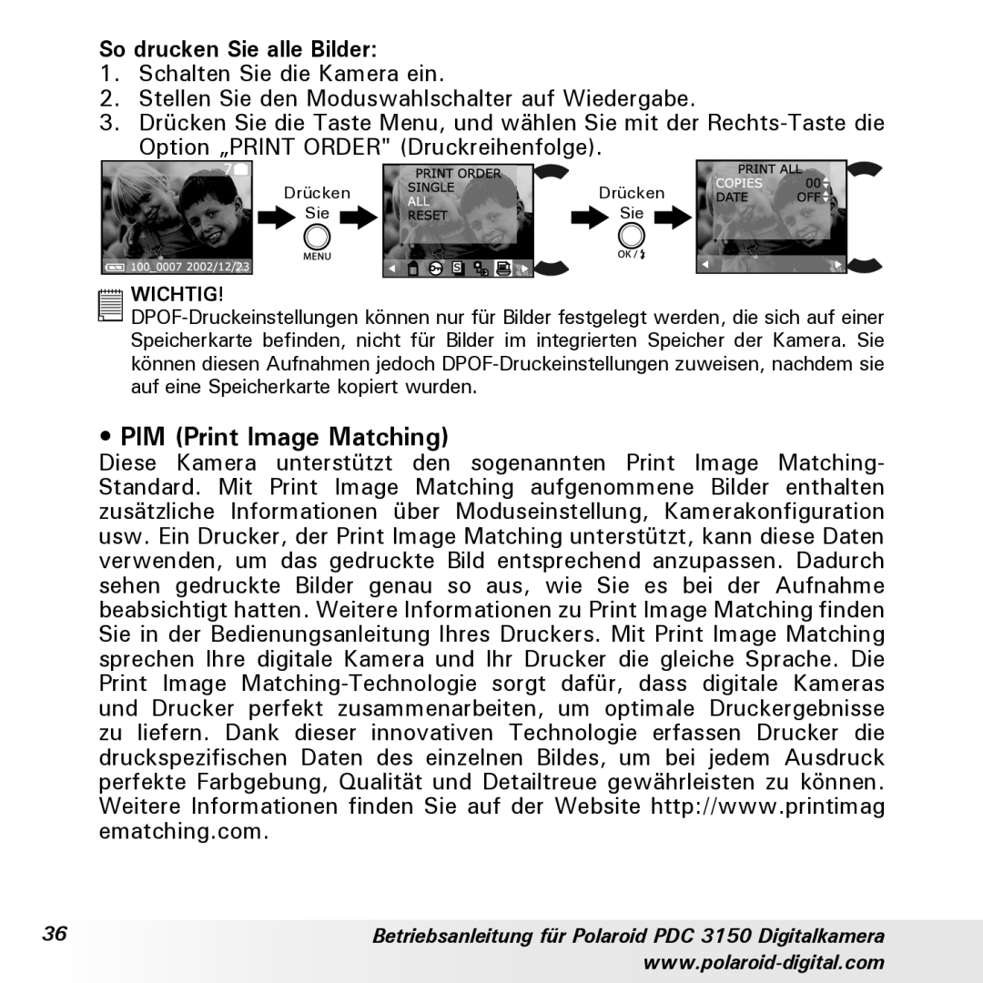 Polaroid PDC 3150 manual PIM Print Image Matching, So drucken Sie alle Bilder 