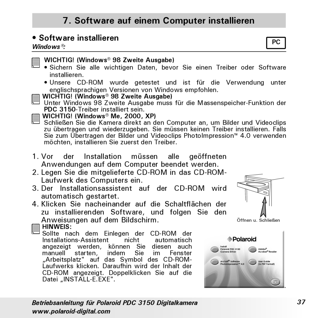 Polaroid PDC 3150 manual Software auf einem Computer installieren, Software installieren 