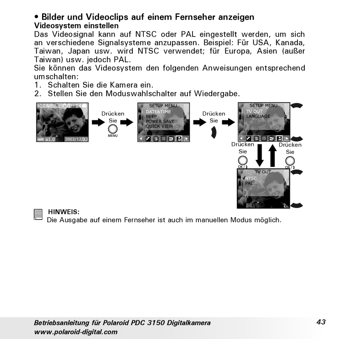 Polaroid PDC 3150 manual Bilder und Videoclips auf einem Fernseher anzeigen, Videosystem einstellen 