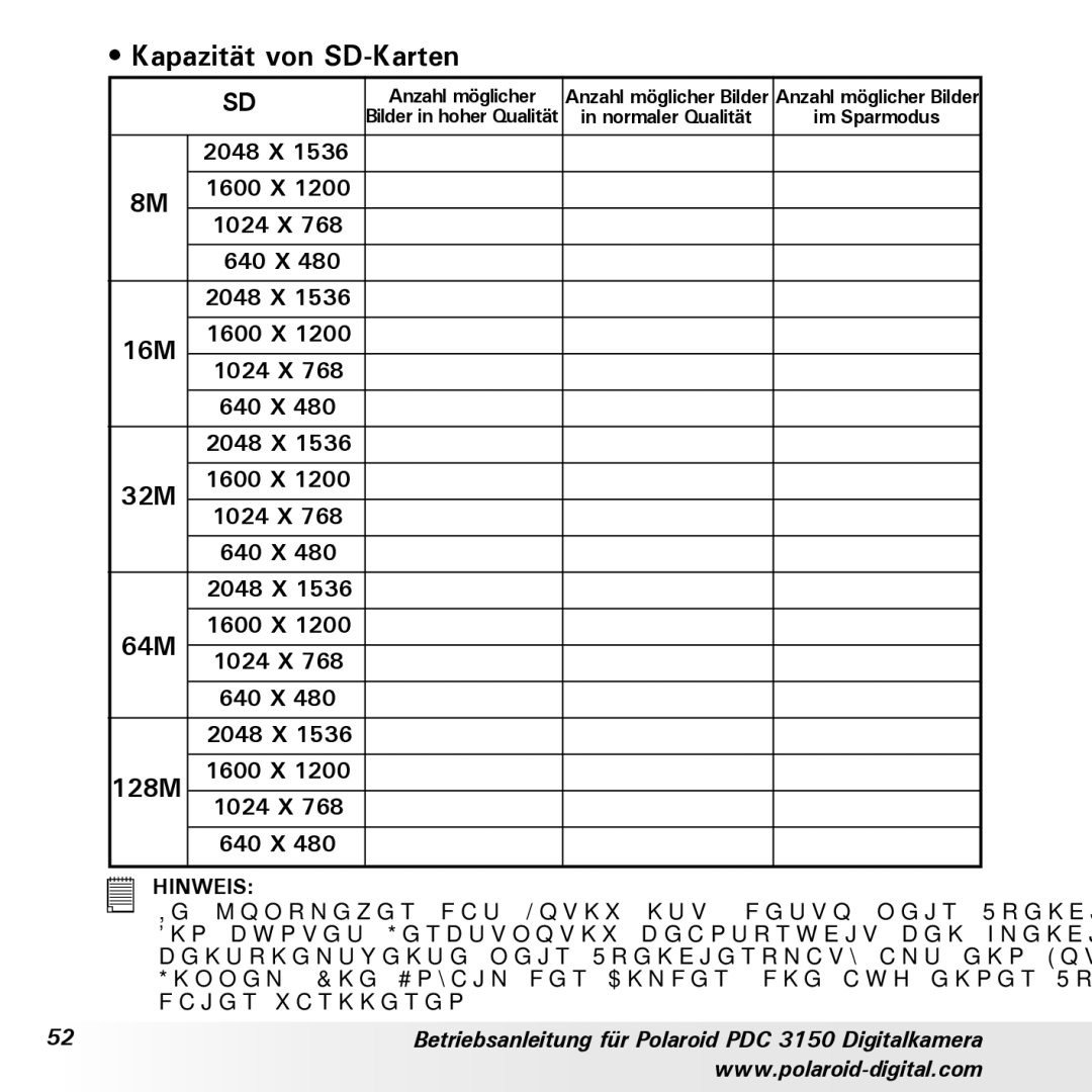 Polaroid PDC 3150 manual Kapazität von SD-Karten, 16M, 32M, 64M, 128M 