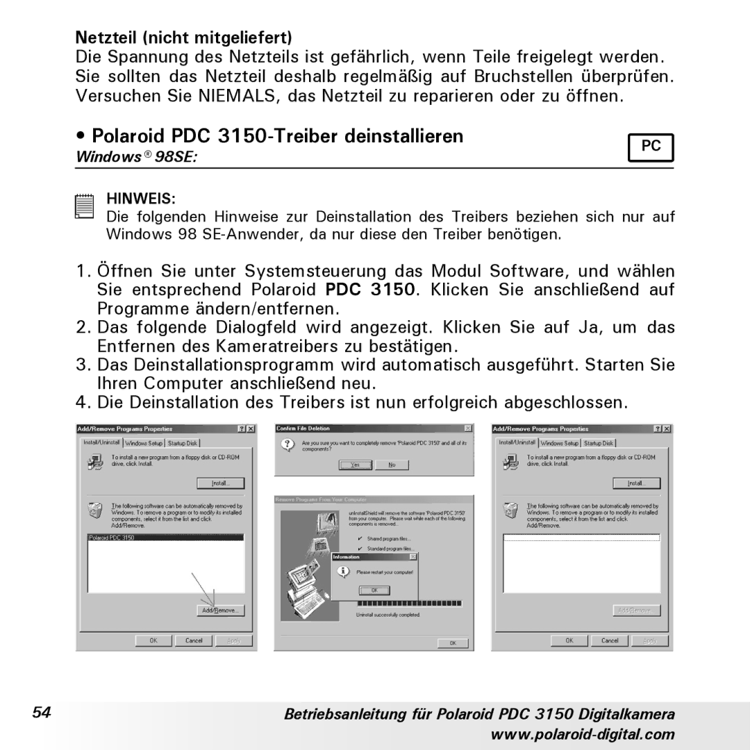 Polaroid manual Polaroid PDC 3150-Treiber deinstallieren, Netzteil nicht mitgeliefert 