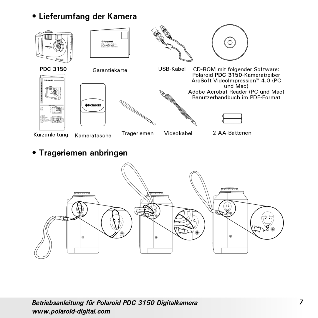 Polaroid PDC 3150 manual Lieferumfang der Kamera, Trageriemen anbringen 