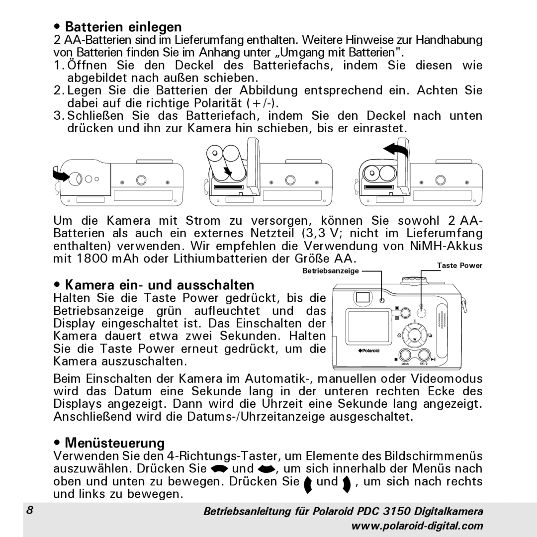 Polaroid PDC 3150 manual Batterien einlegen, Kamera ein- und ausschalten, Menüsteuerung 