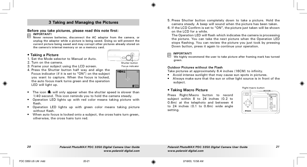 Polaroid PDC 3350 manual Taking and Managing the Pictures, Before you take pictures, please read this note first 