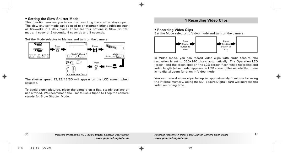 Polaroid PDC 3350 manual Recording Video Clips, Setting the Slow Shutter Mode 