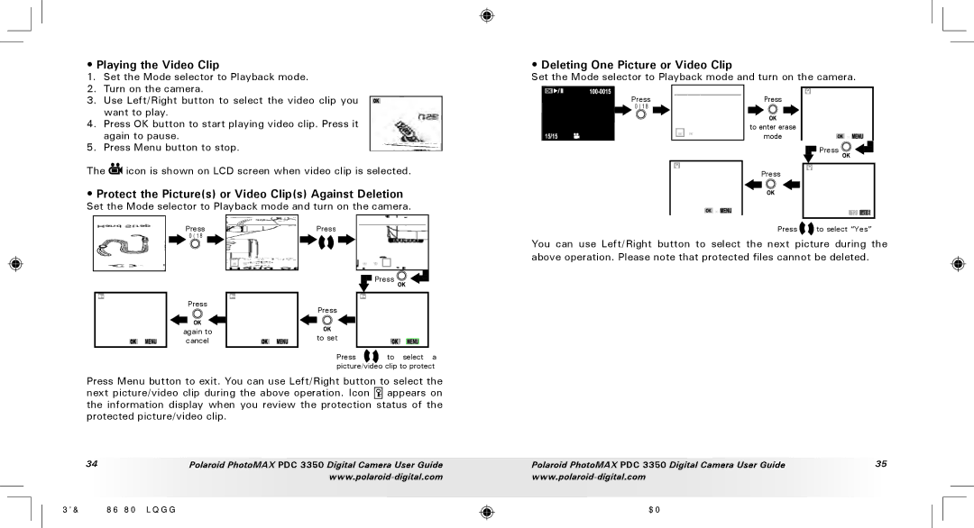 Polaroid PDC 3350 manual Playing the Video Clip, Protect the Pictures or Video Clips Against Deletion 