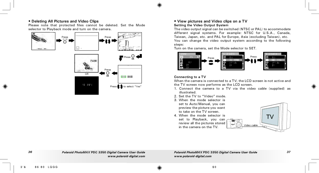 Polaroid PDC 3350 manual Deleting All Pictures and Video Clips, View pictures and Video clips on a TV, Connecting to a TV 