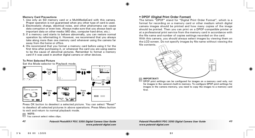 Polaroid PDC 3350 manual Dpof Digital Print Order Format, Memory Card Precautions, To Print Selected Picture 