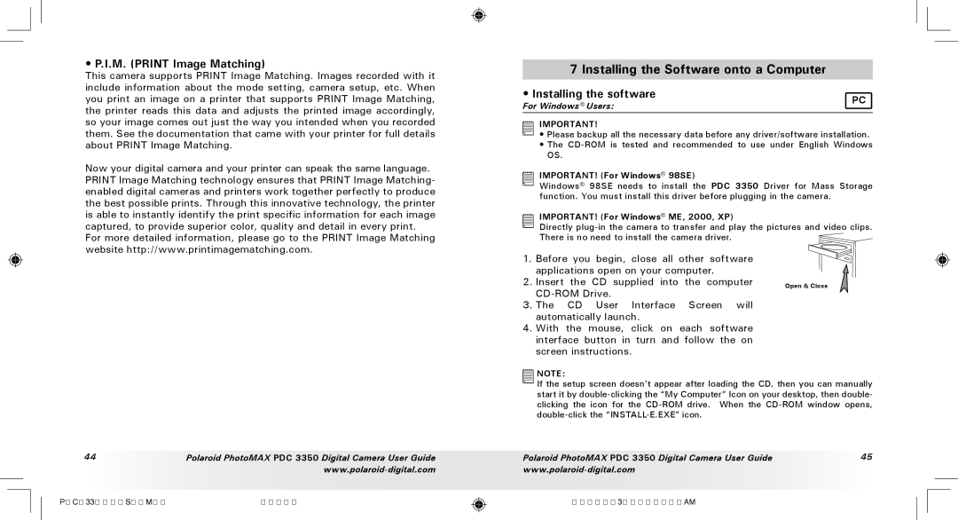 Polaroid PDC 3350 manual Installing the Software onto a Computer, M. Print Image Matching, Installing the software 