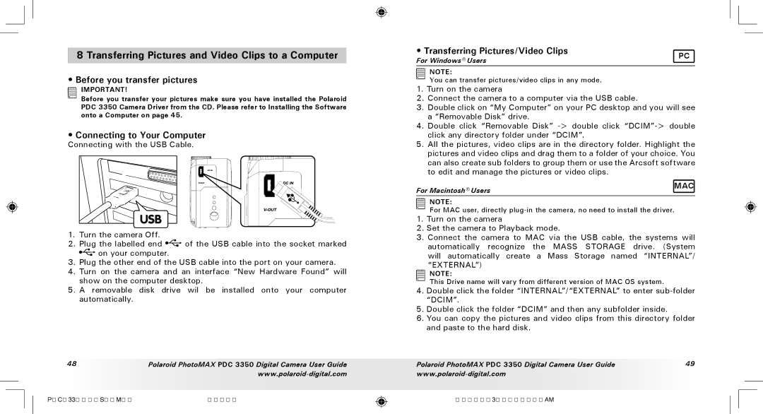 Polaroid PDC 3350 manual Transferring Pictures and Video Clips to a Computer, Transferring Pictures/Video Clips 