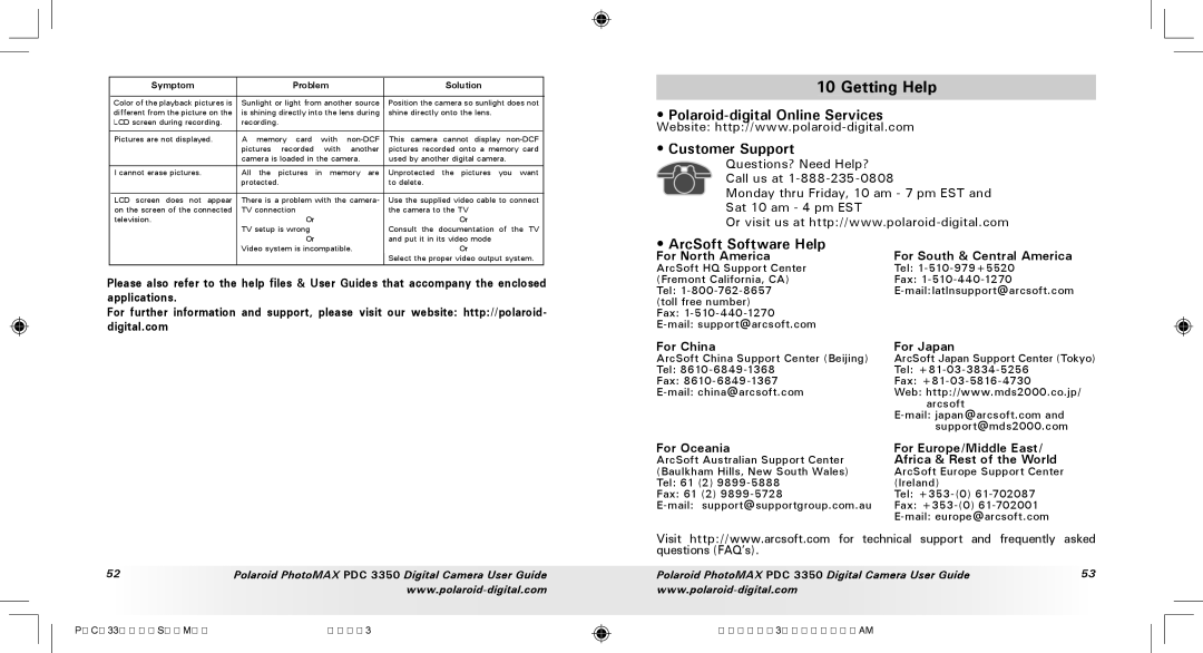 Polaroid PDC 3350 manual Getting Help, Polaroid-digital Online Services Customer Support, ArcSoft Software Help 