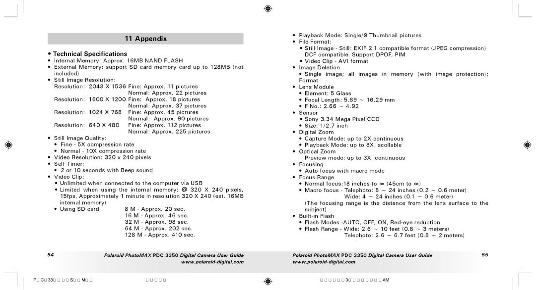 Polaroid PDC 3350 manual Appendix, Technical Specifications 