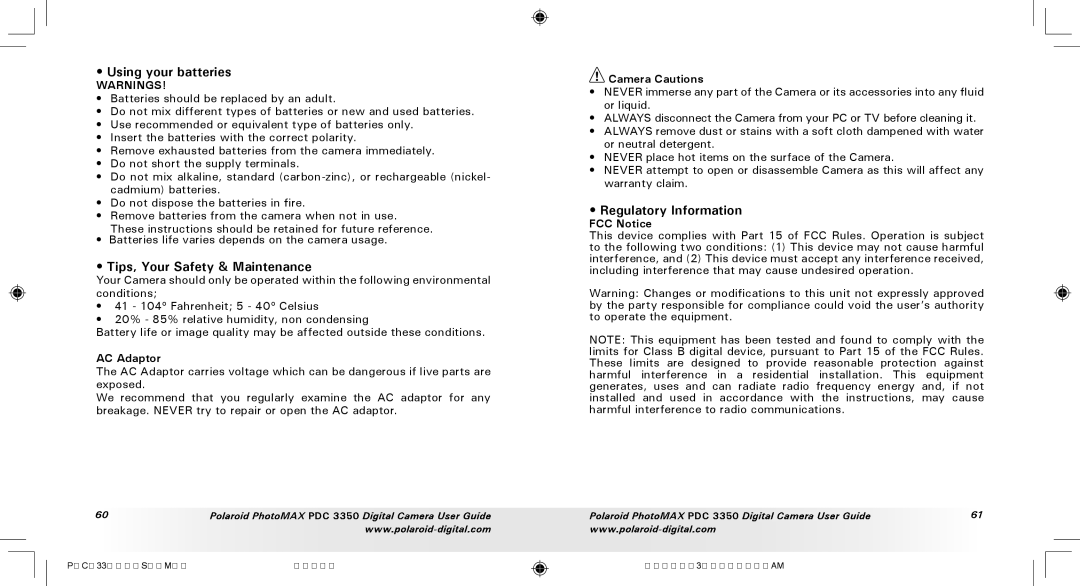Polaroid PDC 3350 manual Using your batteries, Tips, Your Safety & Maintenance, Regulatory Information 