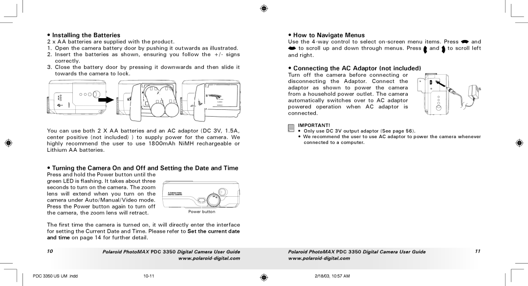 Polaroid PDC 3350 manual Installing the Batteries, Turning the Camera On and Off and Setting the Date and Time 
