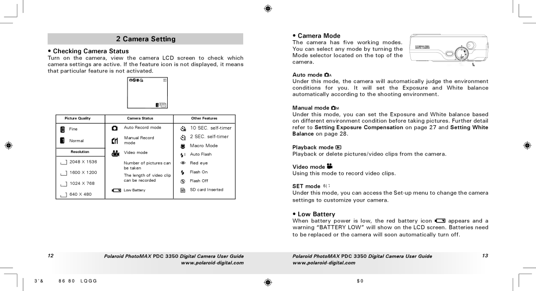 Polaroid PDC 3350 manual Camera Setting, Checking Camera Status, Camera Mode, Low Battery 