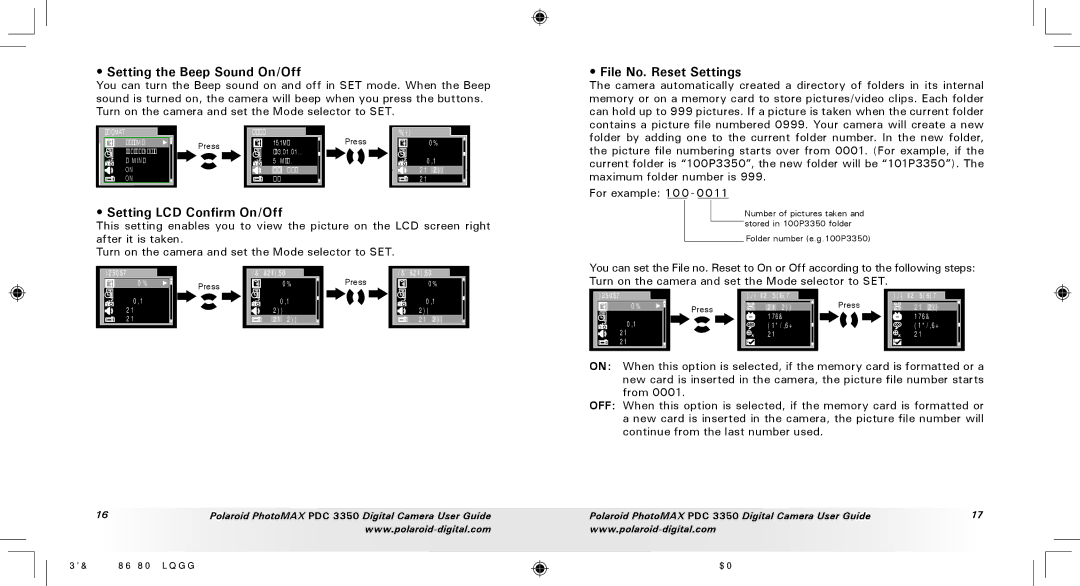 Polaroid PDC 3350 manual Setting the Beep Sound On/Off, Setting LCD Confirm On/Off, File No. Reset Settings 