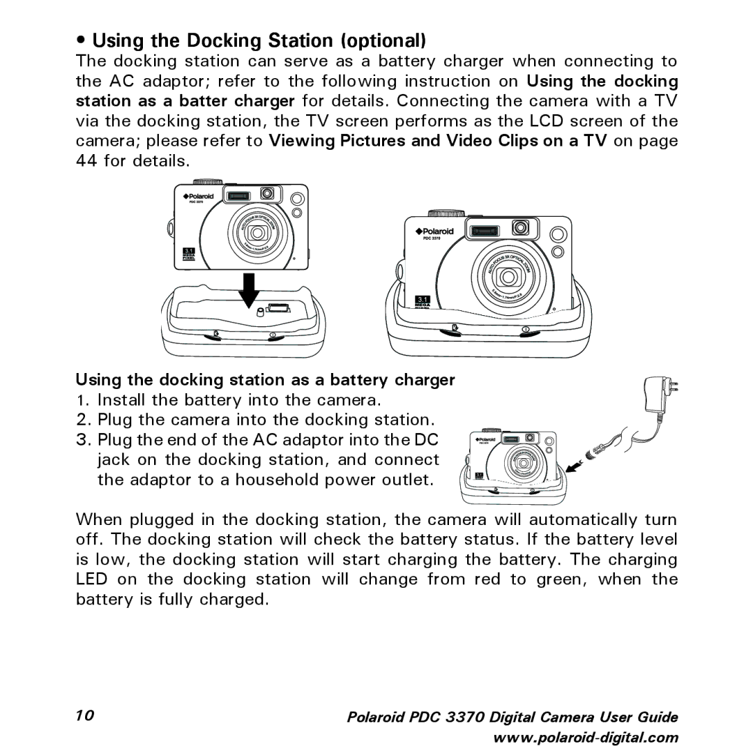 Polaroid PDC 3370 manual Using the Docking Station optional 