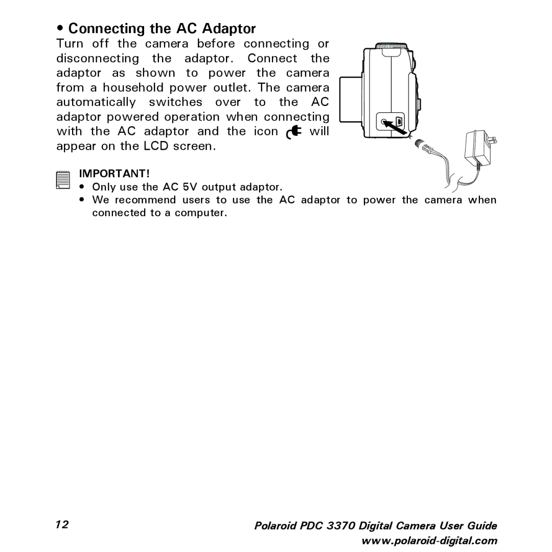 Polaroid PDC 3370 manual Connecting the AC Adaptor 