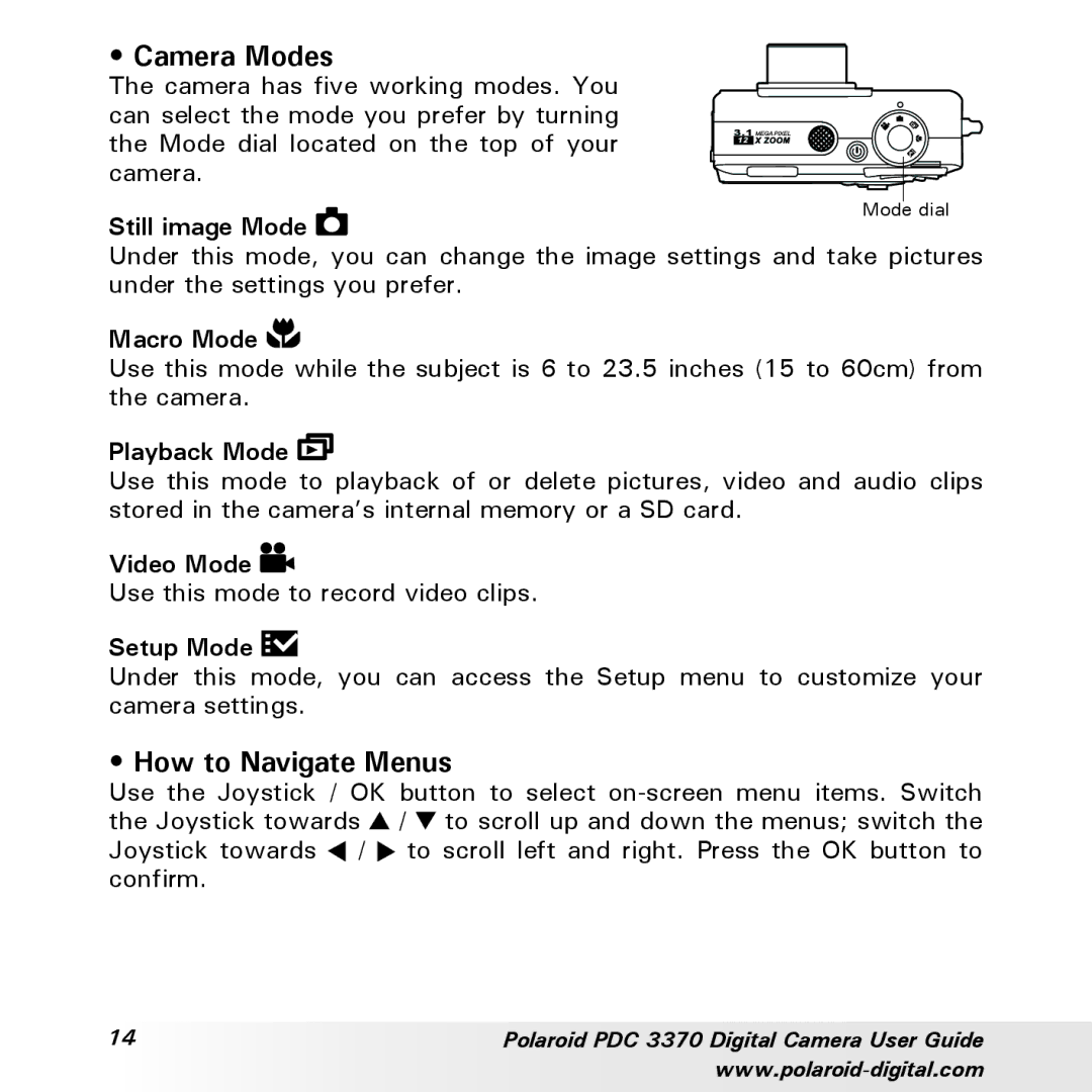 Polaroid PDC 3370 manual Camera Modes, How to Navigate Menus 