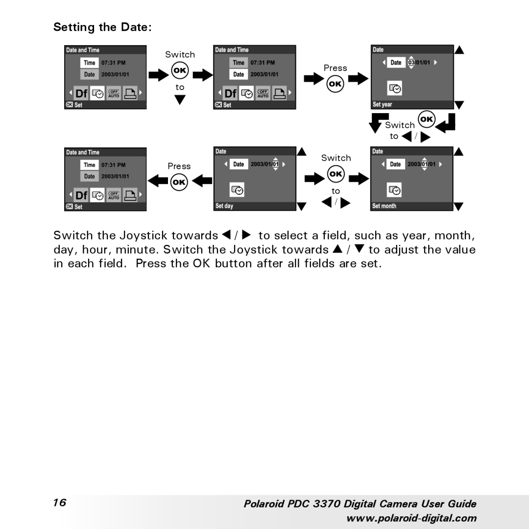 Polaroid PDC 3370 manual Setting the Date 