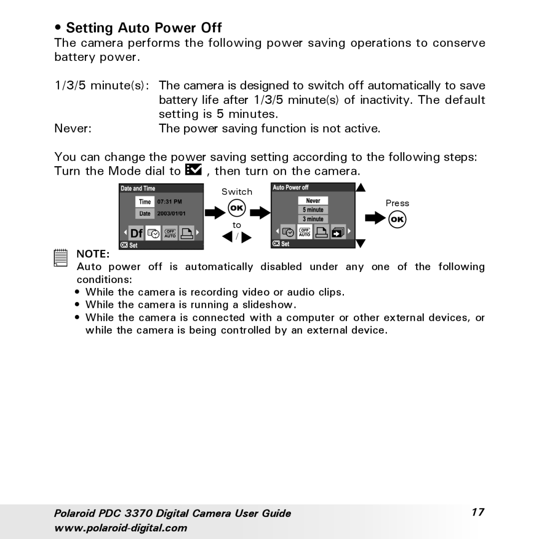 Polaroid PDC 3370 manual Setting Auto Power Off 
