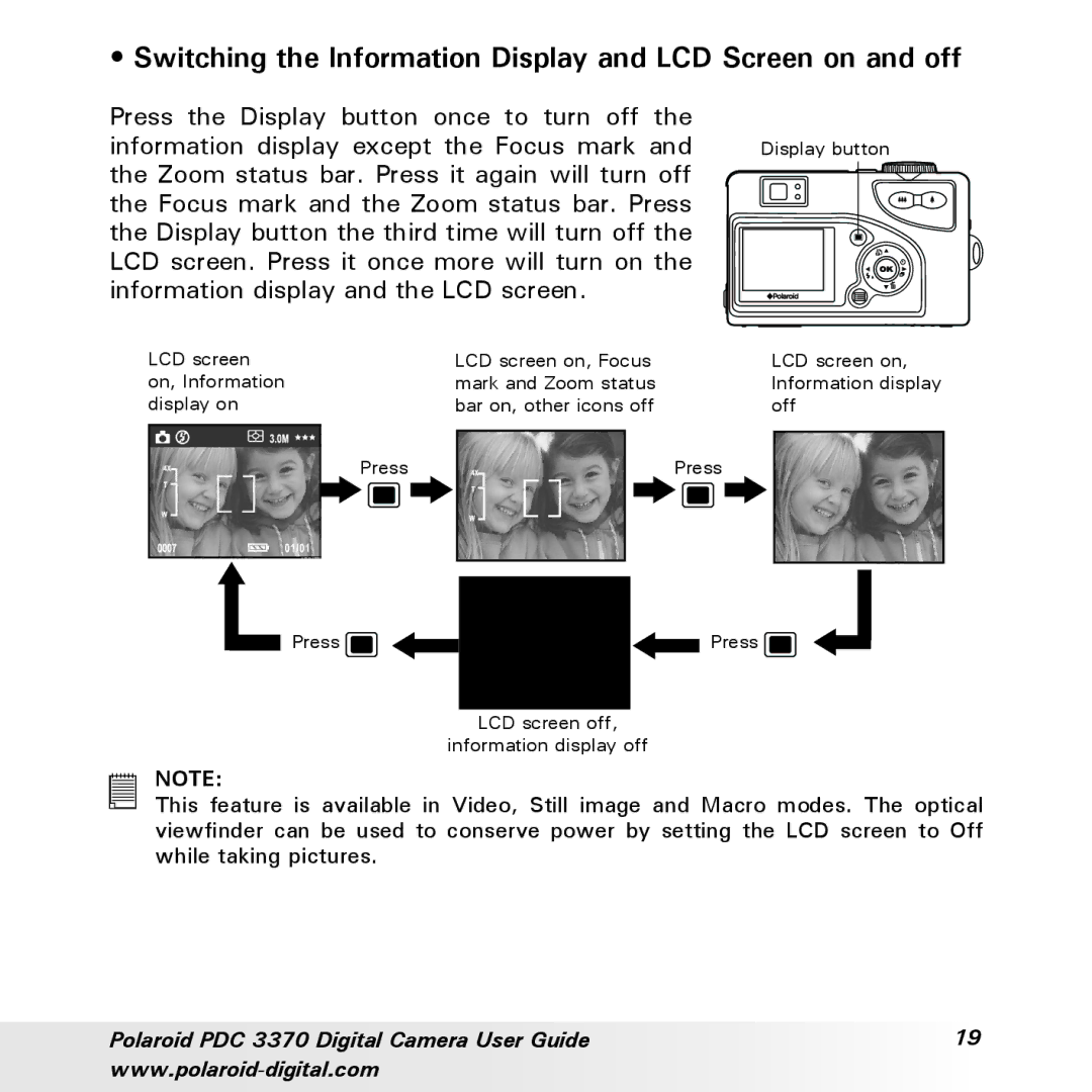 Polaroid PDC 3370 manual Switching the Information Display and LCD Screen on and off 