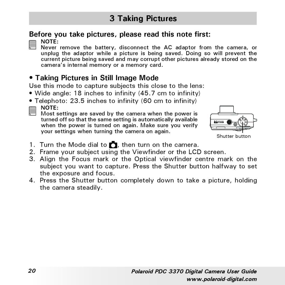 Polaroid PDC 3370 manual Taking Pictures, Before you take pictures, please read this note first 