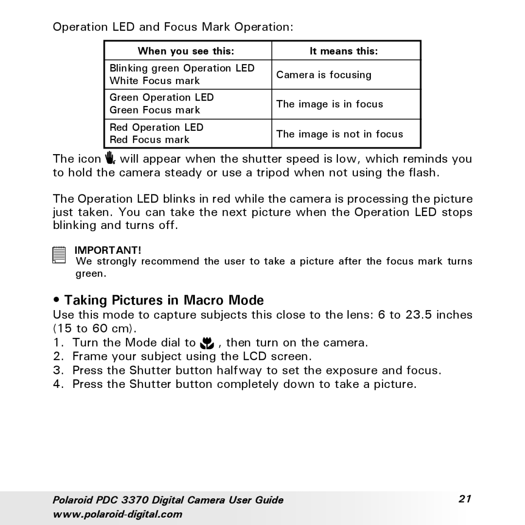 Polaroid PDC 3370 manual Taking Pictures in Macro Mode, Operation LED and Focus Mark Operation 