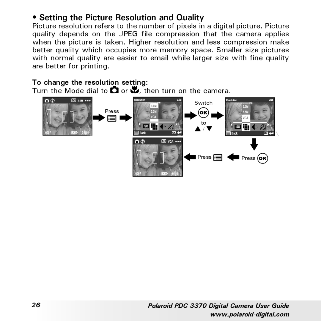 Polaroid PDC 3370 manual Setting the Picture Resolution and Quality, To change the resolution setting 