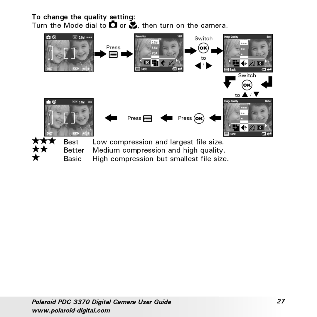 Polaroid PDC 3370 manual To change the quality setting 