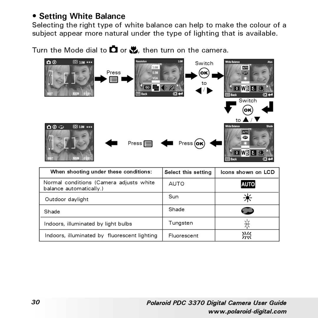 Polaroid PDC 3370 manual Setting White Balance, Auto 