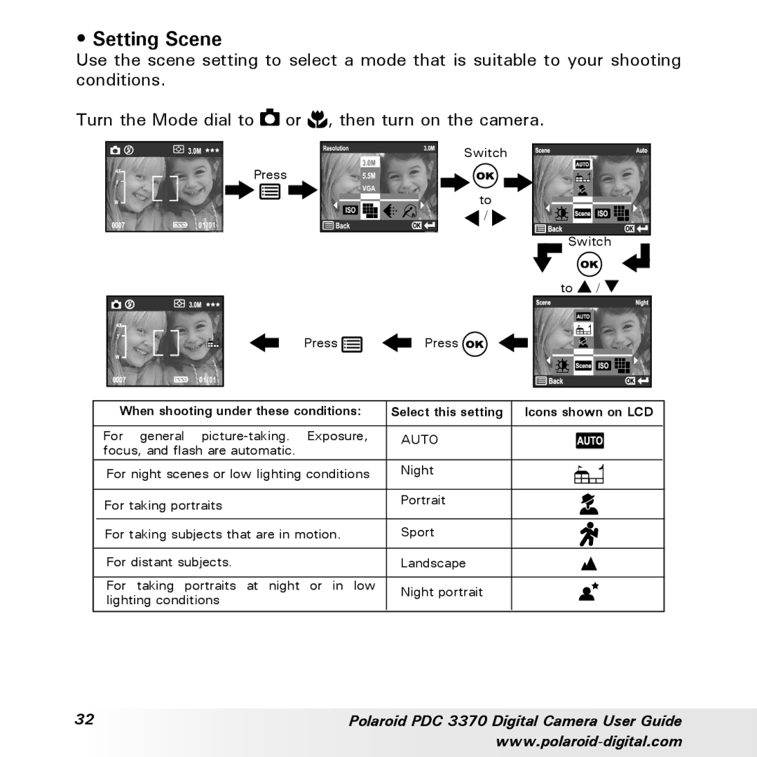 Polaroid PDC 3370 manual Setting Scene 