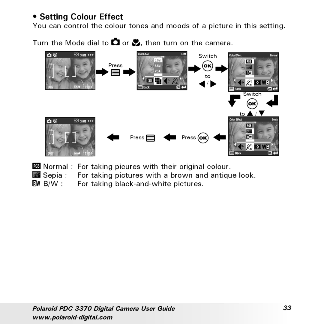 Polaroid PDC 3370 manual Setting Colour Effect 