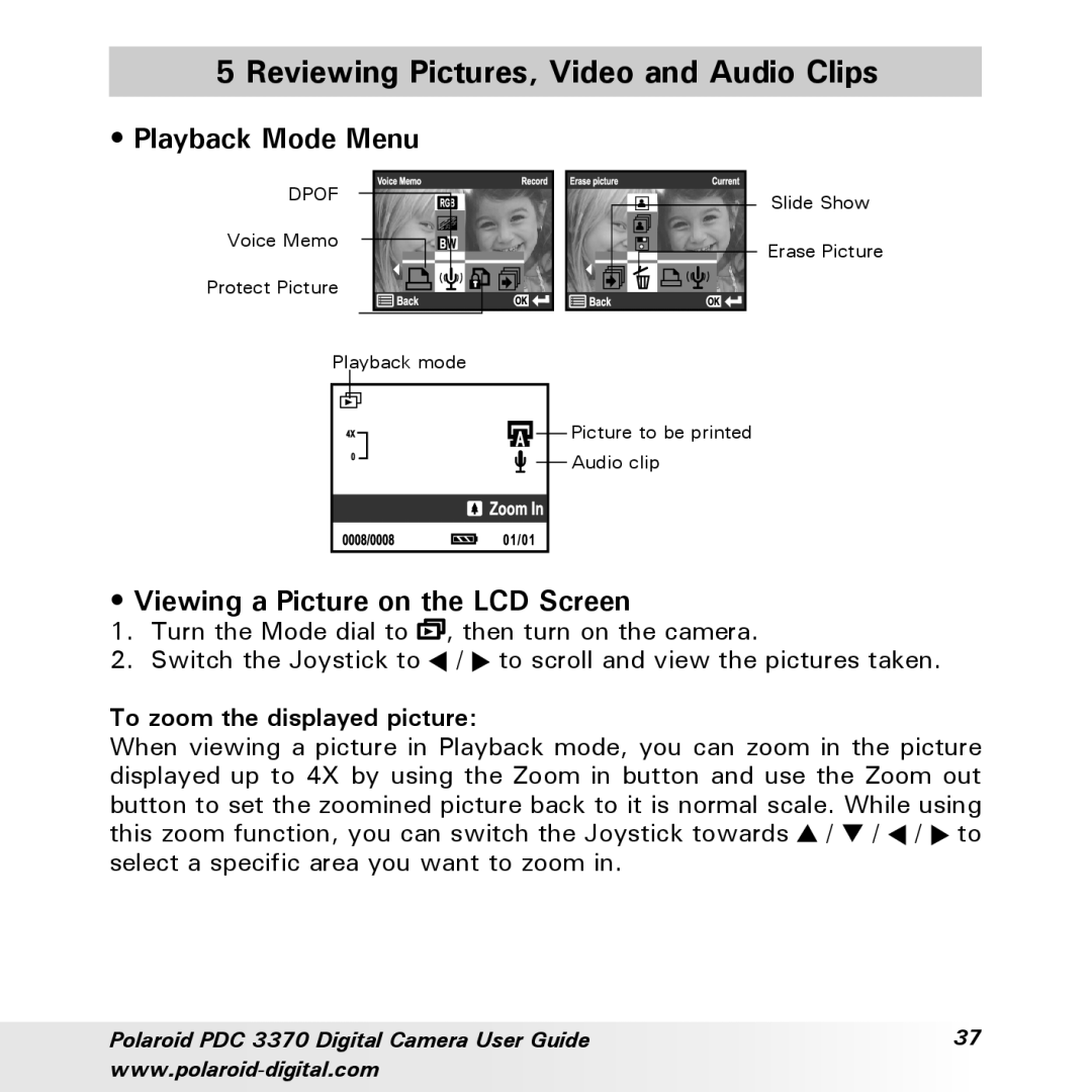 Polaroid PDC 3370 manual Reviewing Pictures, Video and Audio Clips, Playback Mode Menu, Viewing a Picture on the LCD Screen 