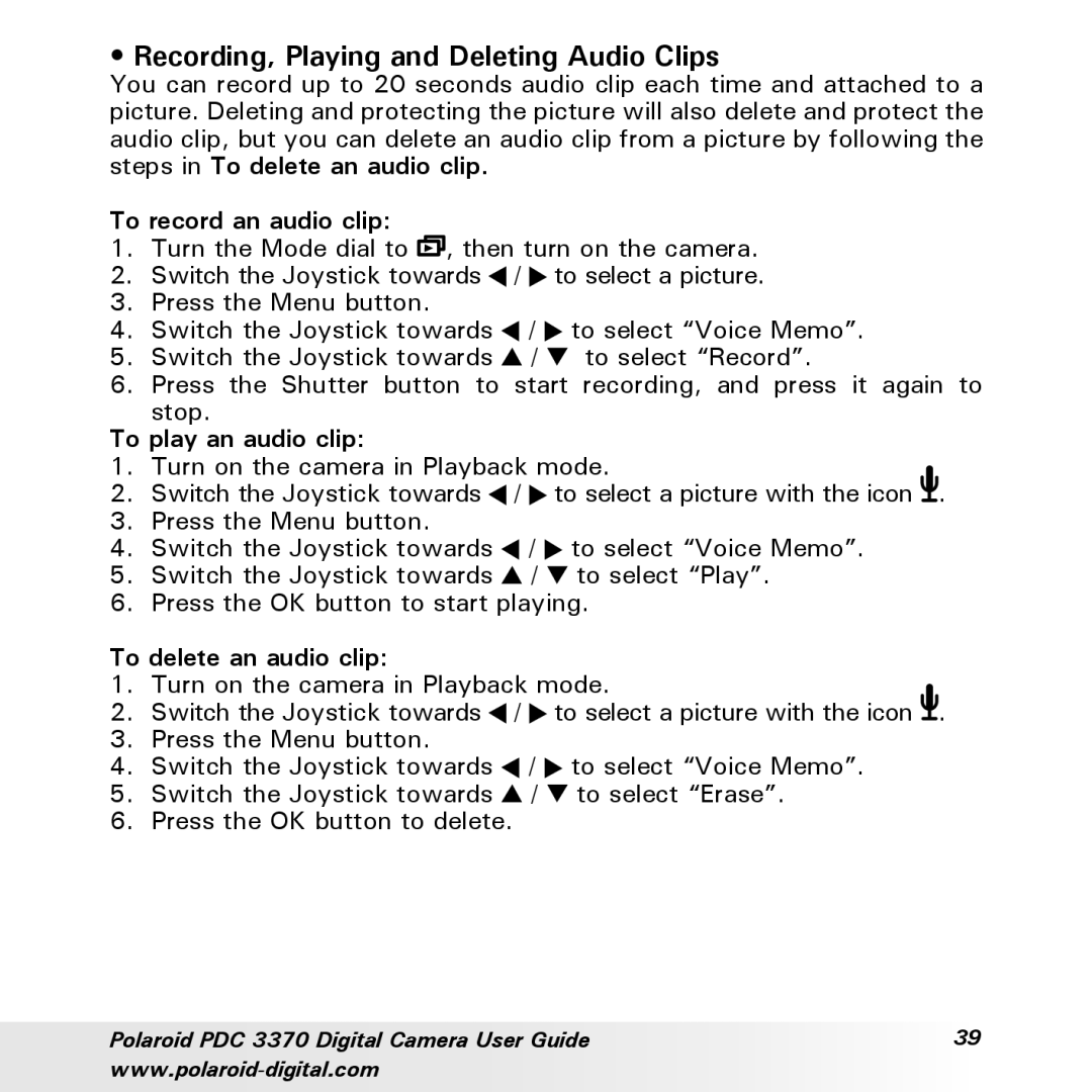 Polaroid PDC 3370 manual Recording, Playing and Deleting Audio Clips, To record an audio clip, To play an audio clip 