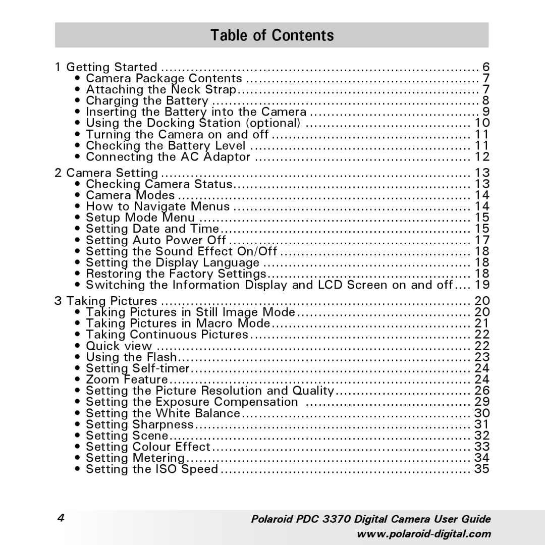 Polaroid PDC 3370 manual Table of Contents 