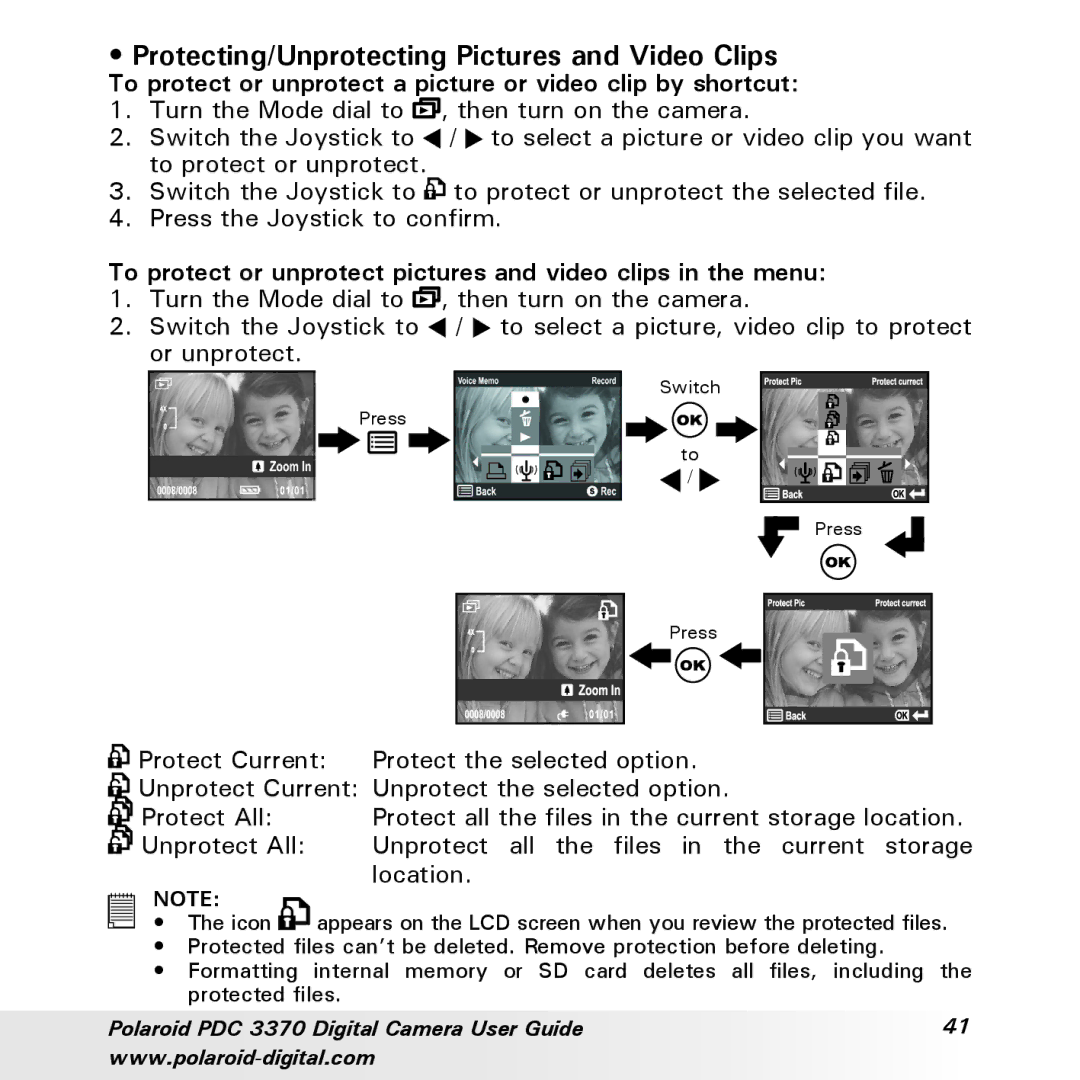 Polaroid PDC 3370 manual Protecting/Unprotecting Pictures and Video Clips 