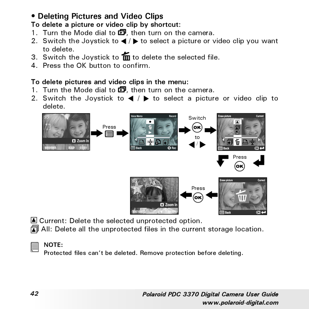 Polaroid PDC 3370 manual Deleting Pictures and Video Clips, To delete a picture or video clip by shortcut 