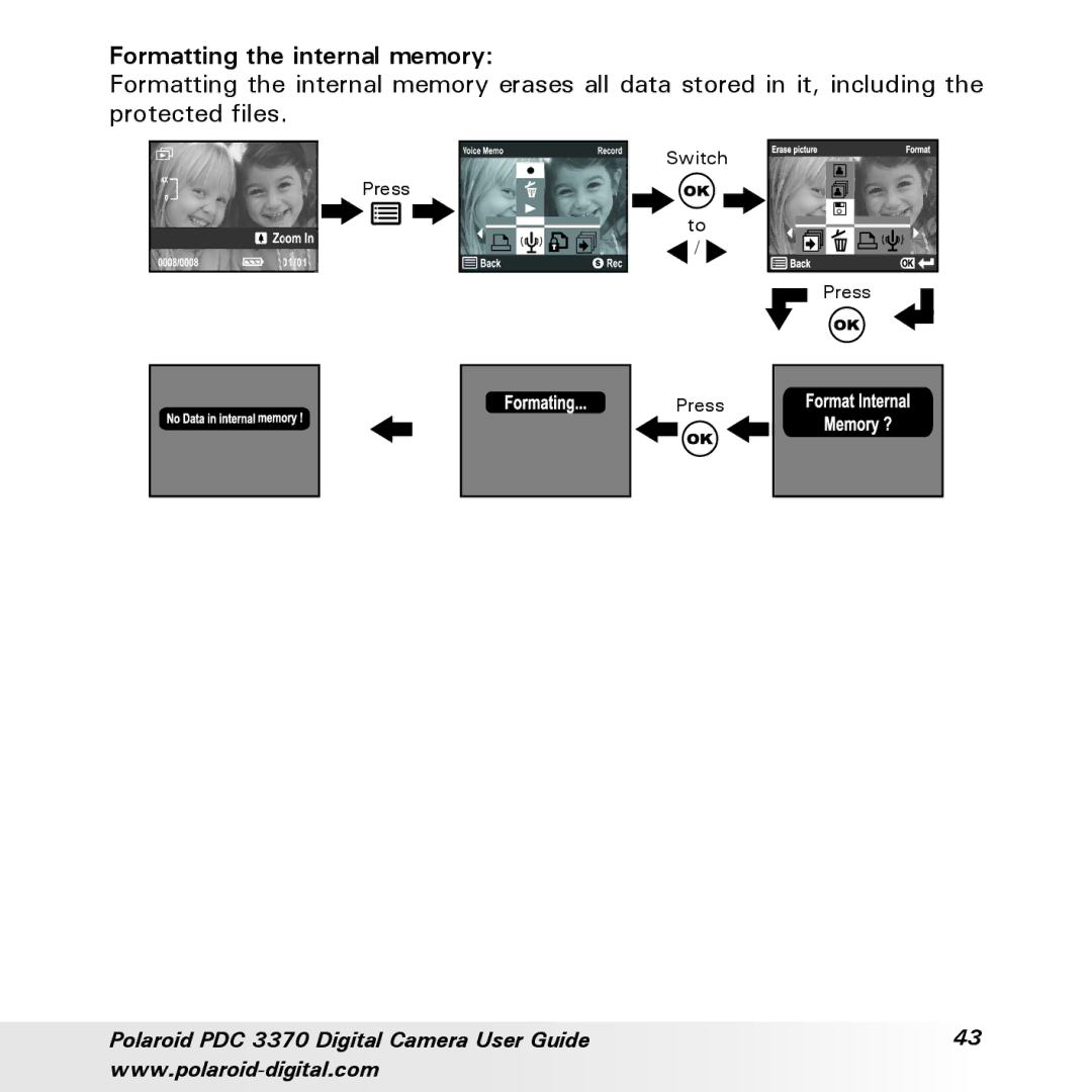 Polaroid PDC 3370 manual Formatting the internal memory 