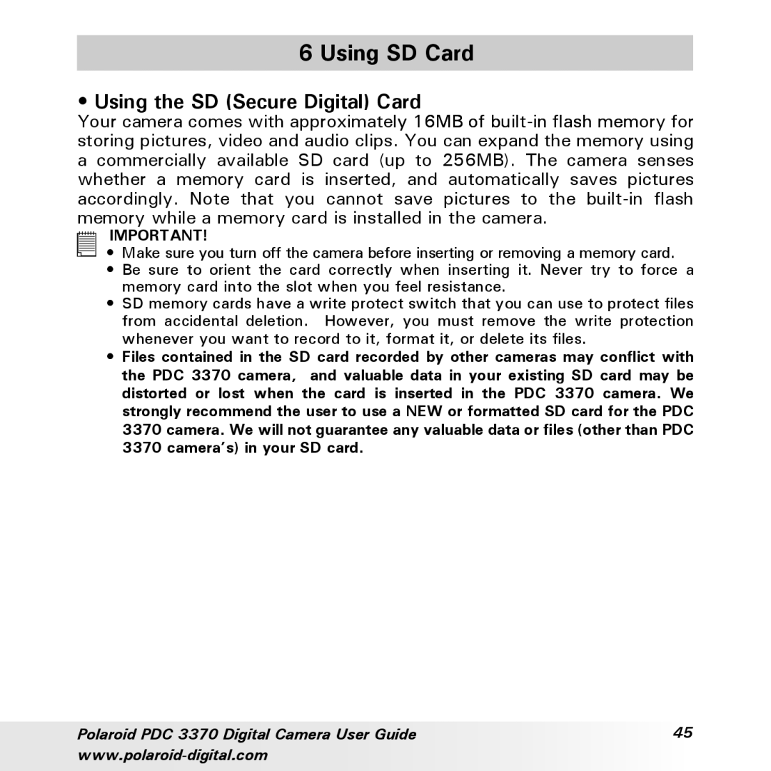 Polaroid PDC 3370 manual Using SD Card, Using the SD Secure Digital Card 