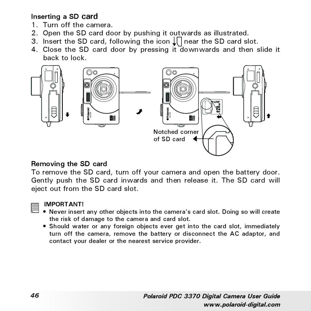 Polaroid PDC 3370 manual Inserting a SD card, Removing the SD card 