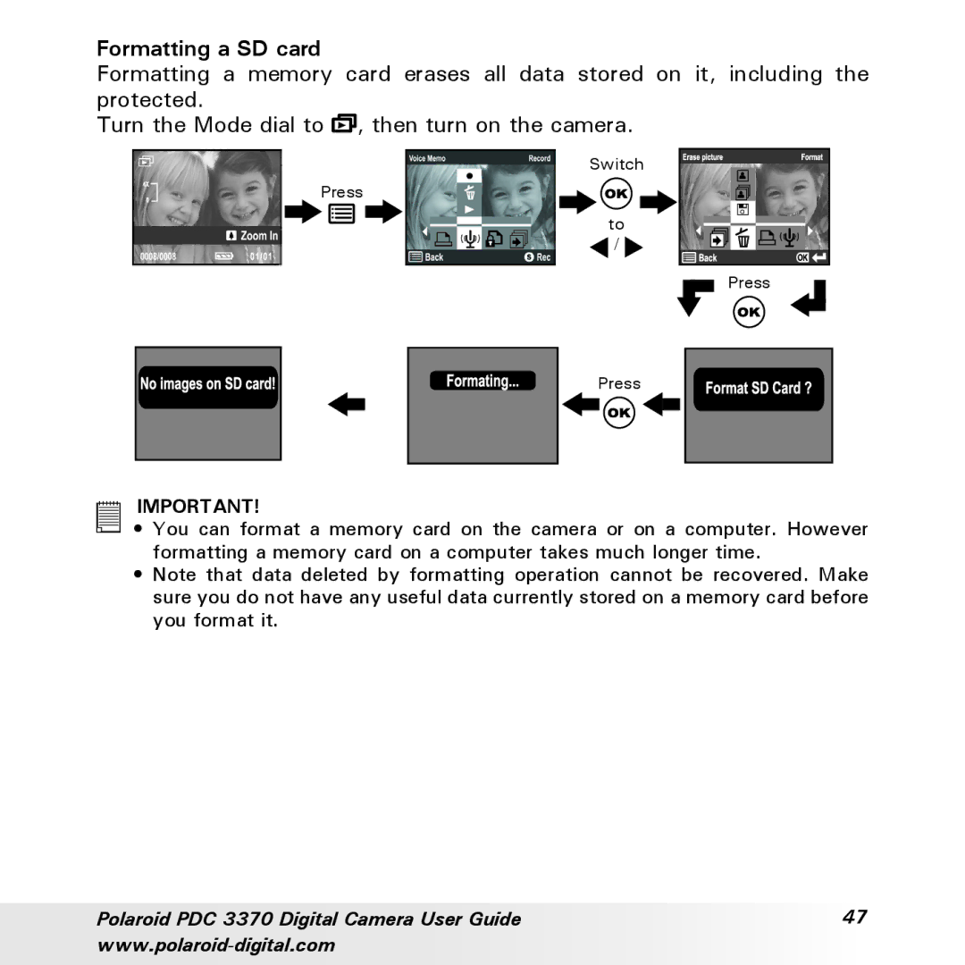 Polaroid PDC 3370 manual Formatting a SD card 