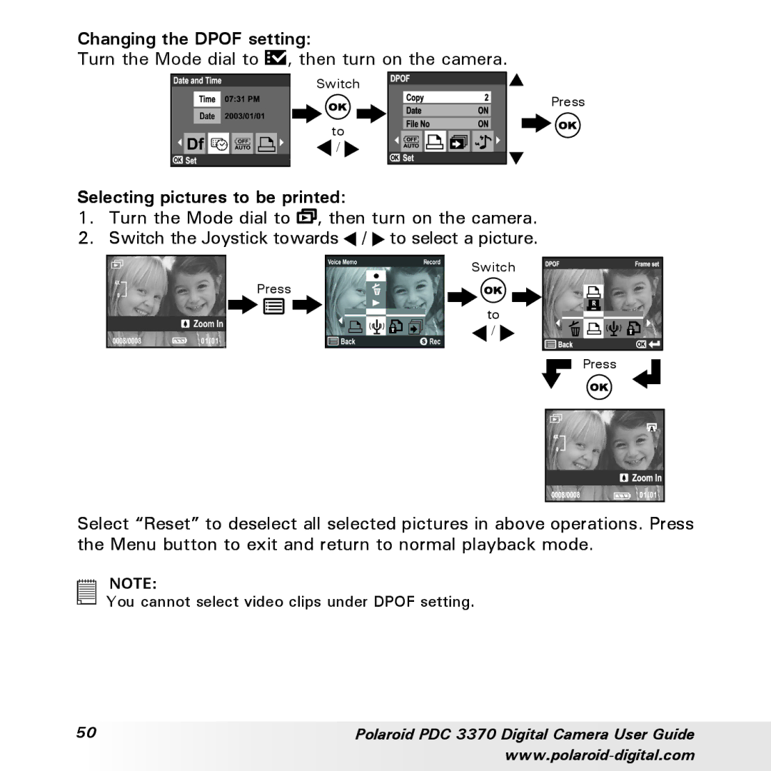 Polaroid PDC 3370 manual Changing the Dpof setting, Selecting pictures to be printed 