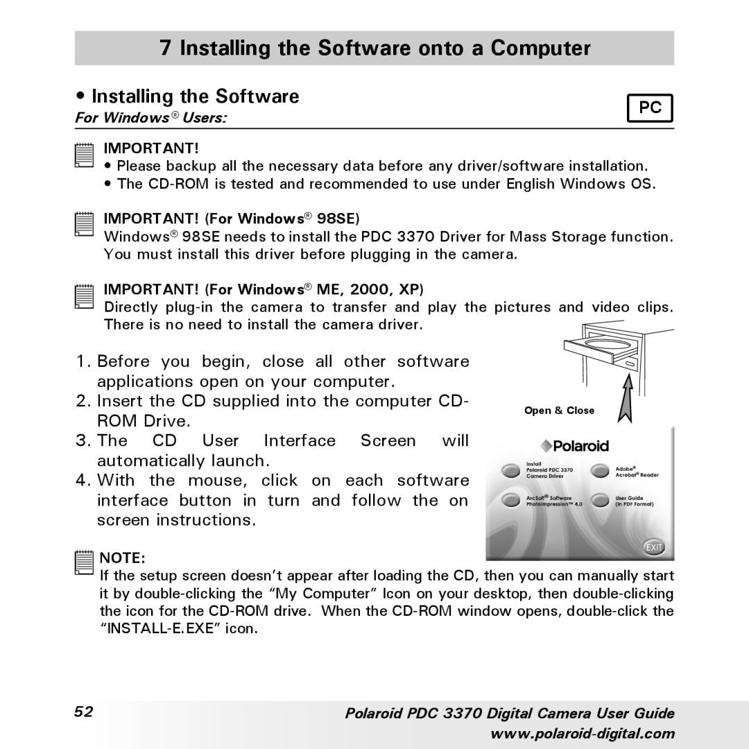 Polaroid PDC 3370 manual Installing the Software onto a Computer 