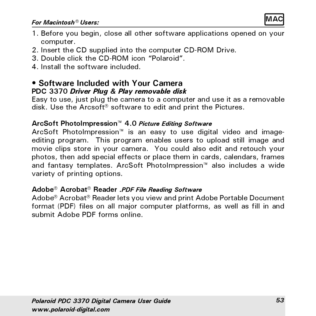 Polaroid PDC 3370 manual Software Included with Your Camera, ArcSoft PhotoImpression 4.0 Picture Editing Software 