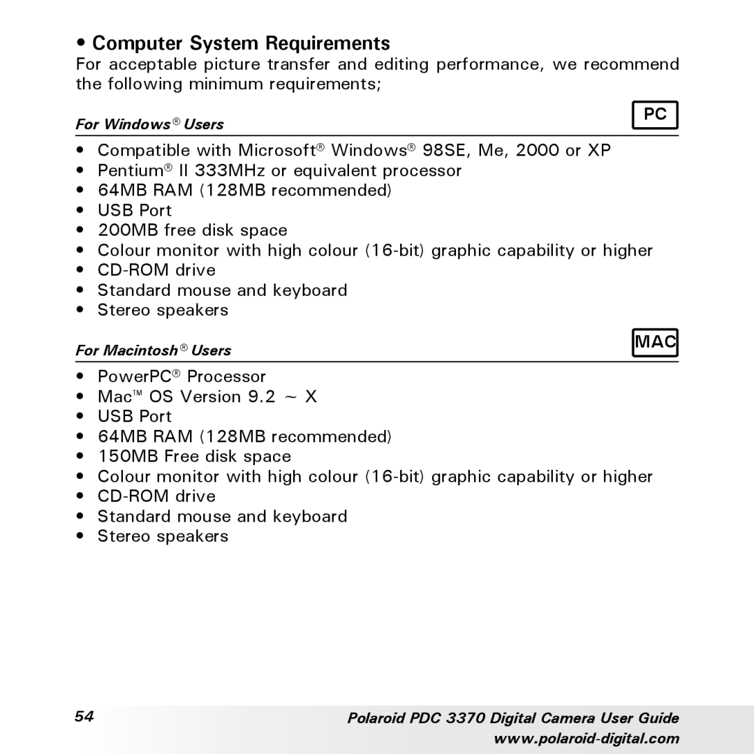 Polaroid PDC 3370 manual Computer System Requirements 