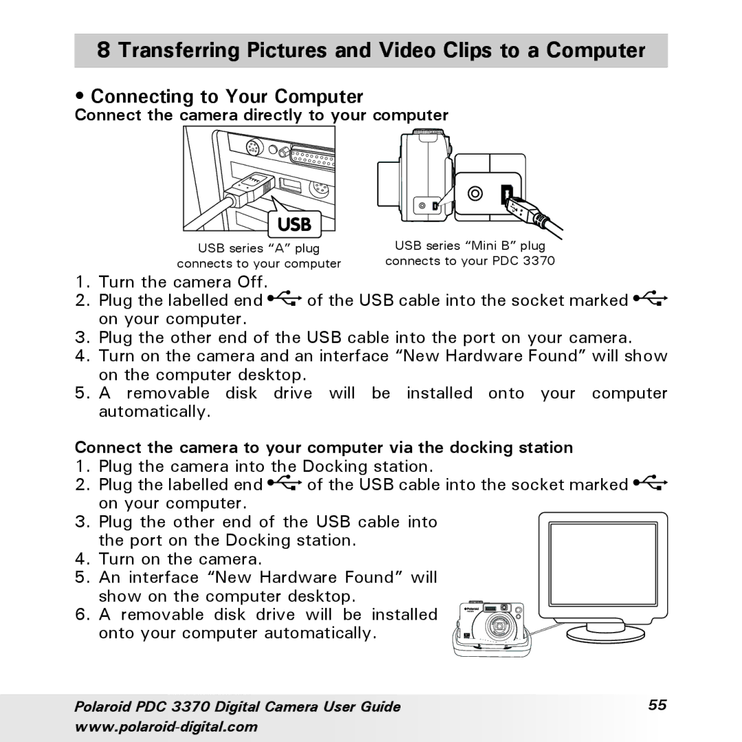 Polaroid PDC 3370 manual Transferring Pictures and Video Clips to a Computer, Connecting to Your Computer 