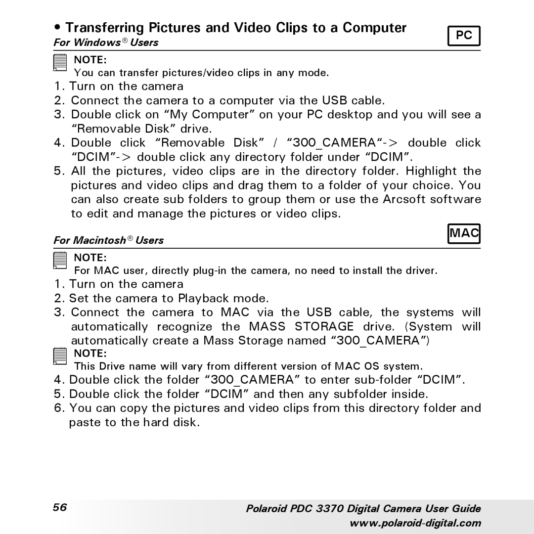 Polaroid PDC 3370 manual Transferring Pictures and Video Clips to a Computer 