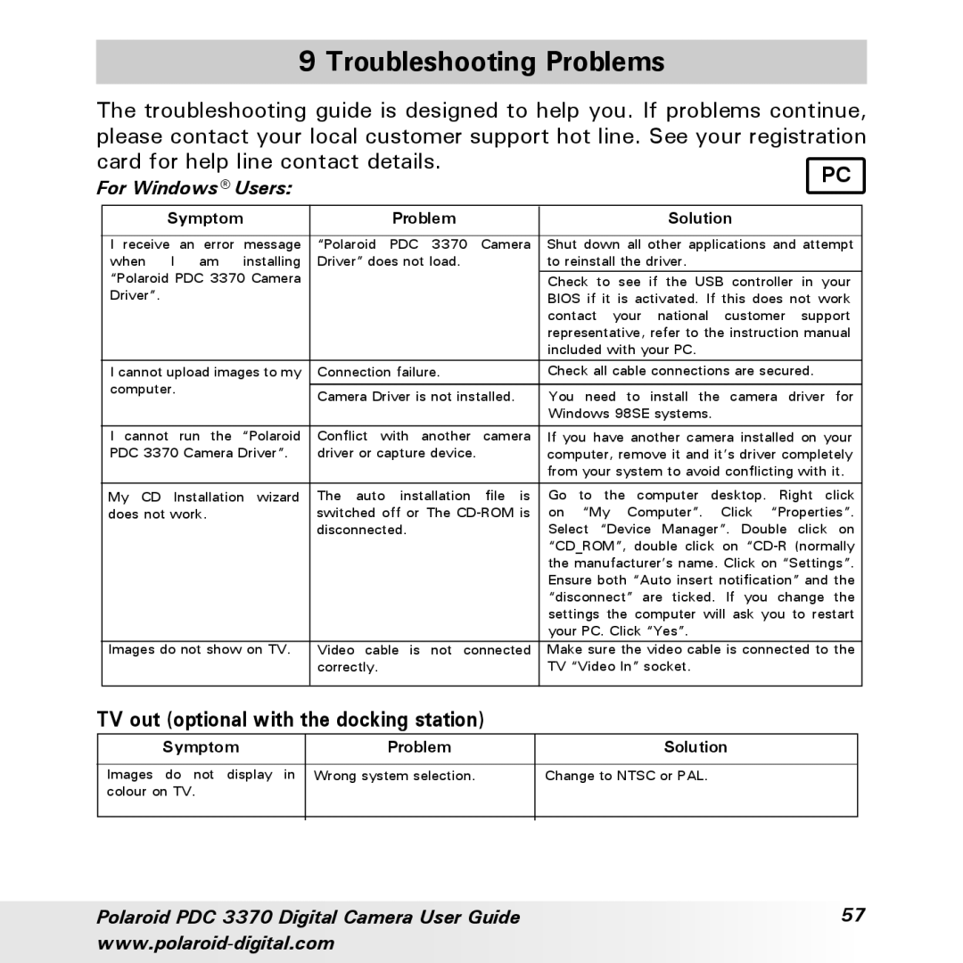 Polaroid PDC 3370 manual Troubleshooting Problems, TV out optional with the docking station 